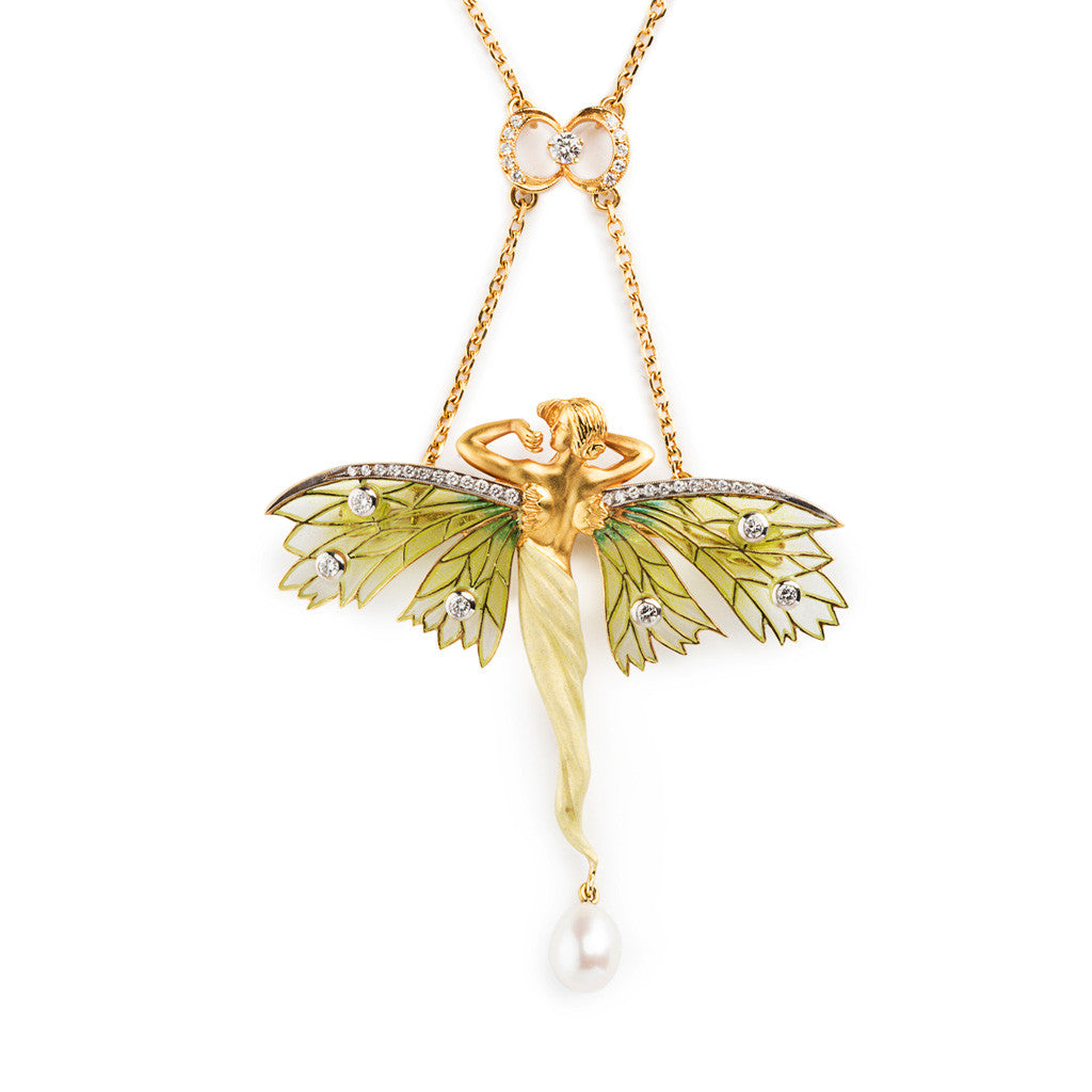 Green Fairy Enamel and Pearl Lavalier by Masriera