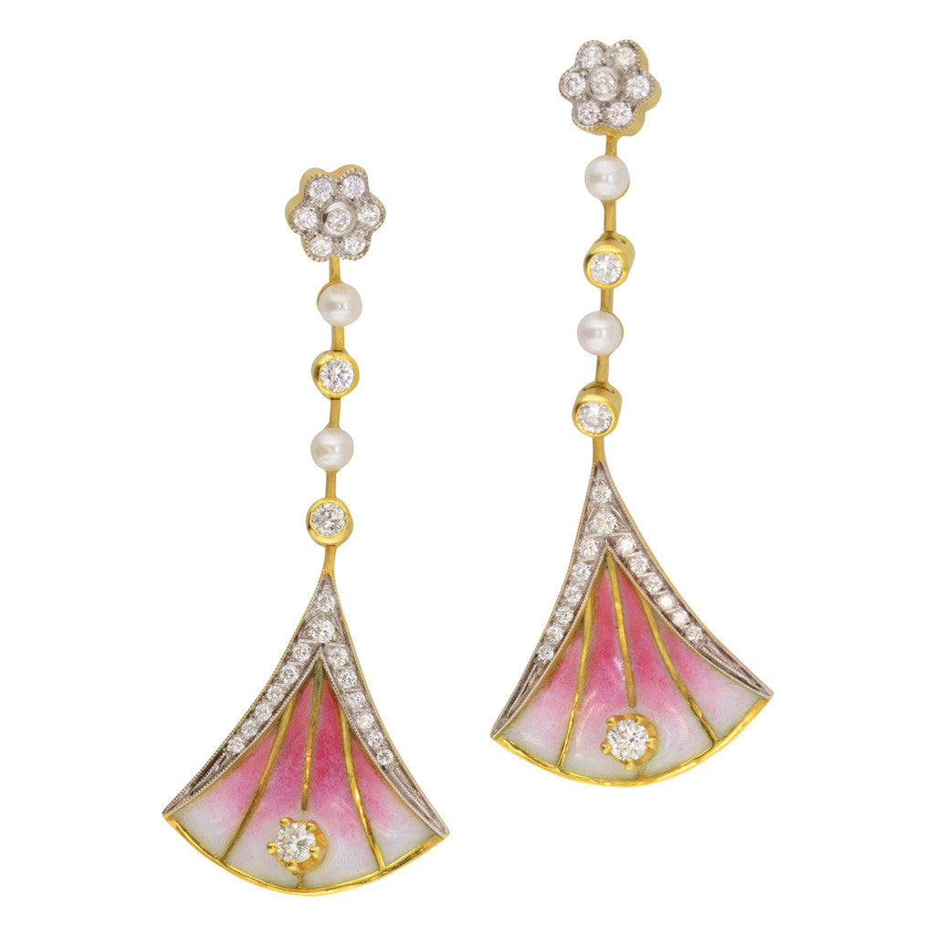 Masriera Enamel Earrings with Diamond and Pearl Accents