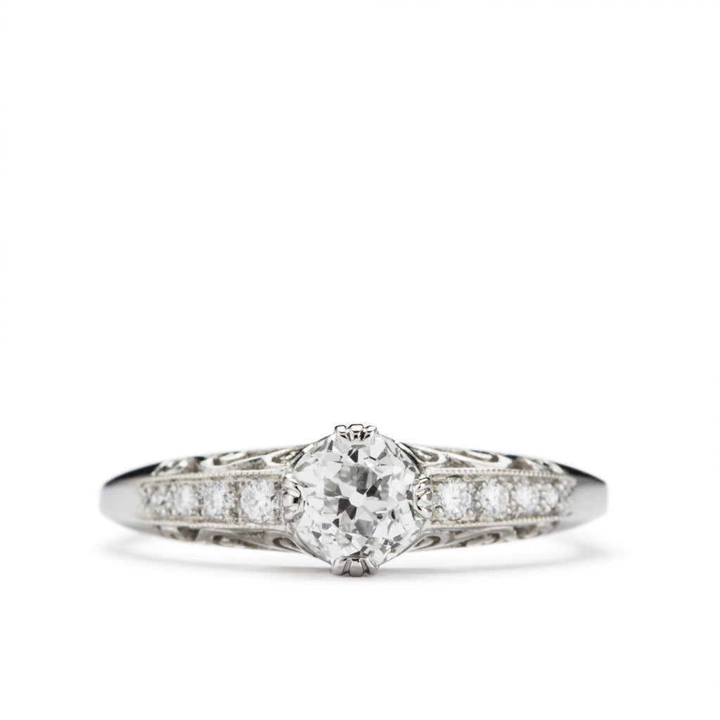 "French Kiss" hand fabricated filigree platinum and diamond engagement ring. 