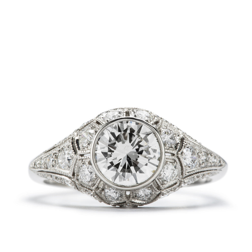 Edwardian style platinum and diamond engagement ring custom made by our French Master Jeweler