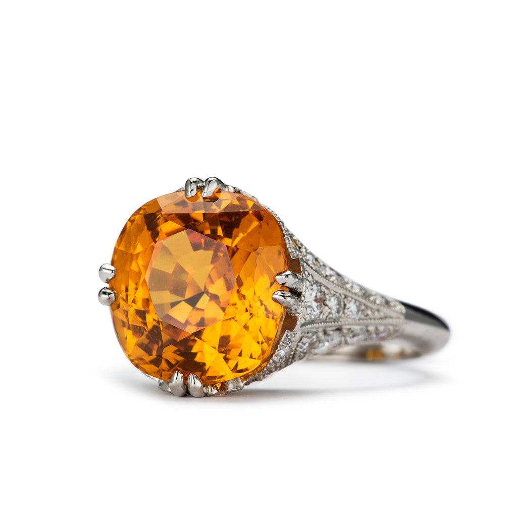 Hand Fabricated Platinum Filigree Ring set with an Exceptional Natural Orange Sapphire by French Master.  