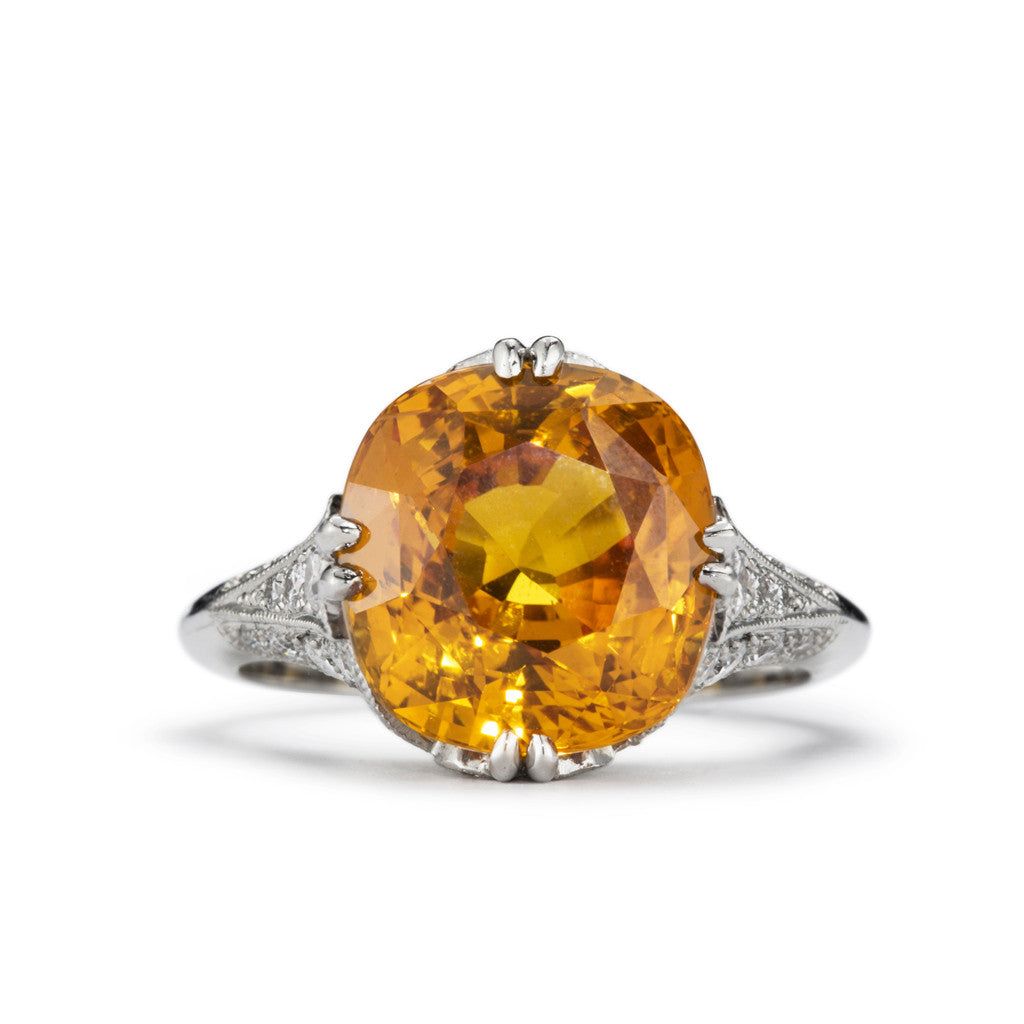 "Cointreau" hand fabricated platinum filigree ring with natural orange sapphire.