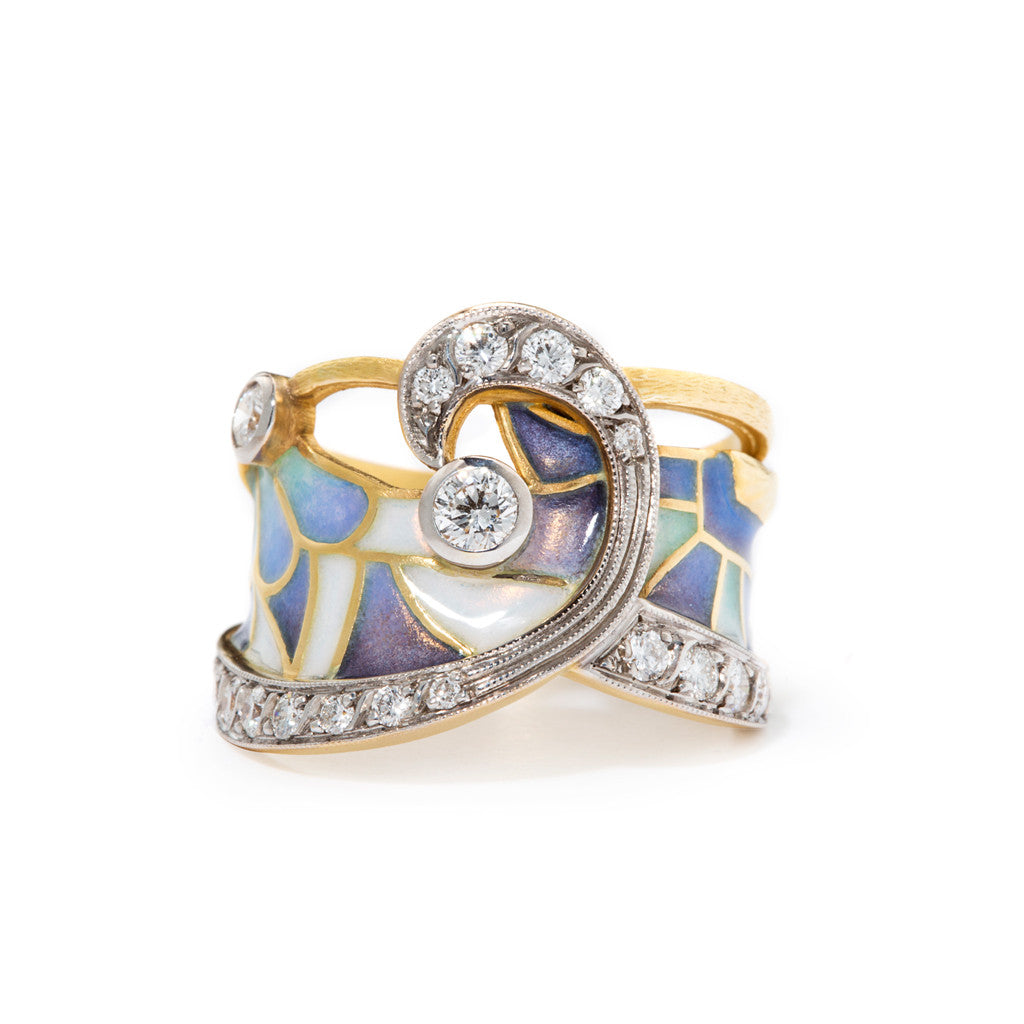Ocean Scroll ring with enamel and diamond by Masriera