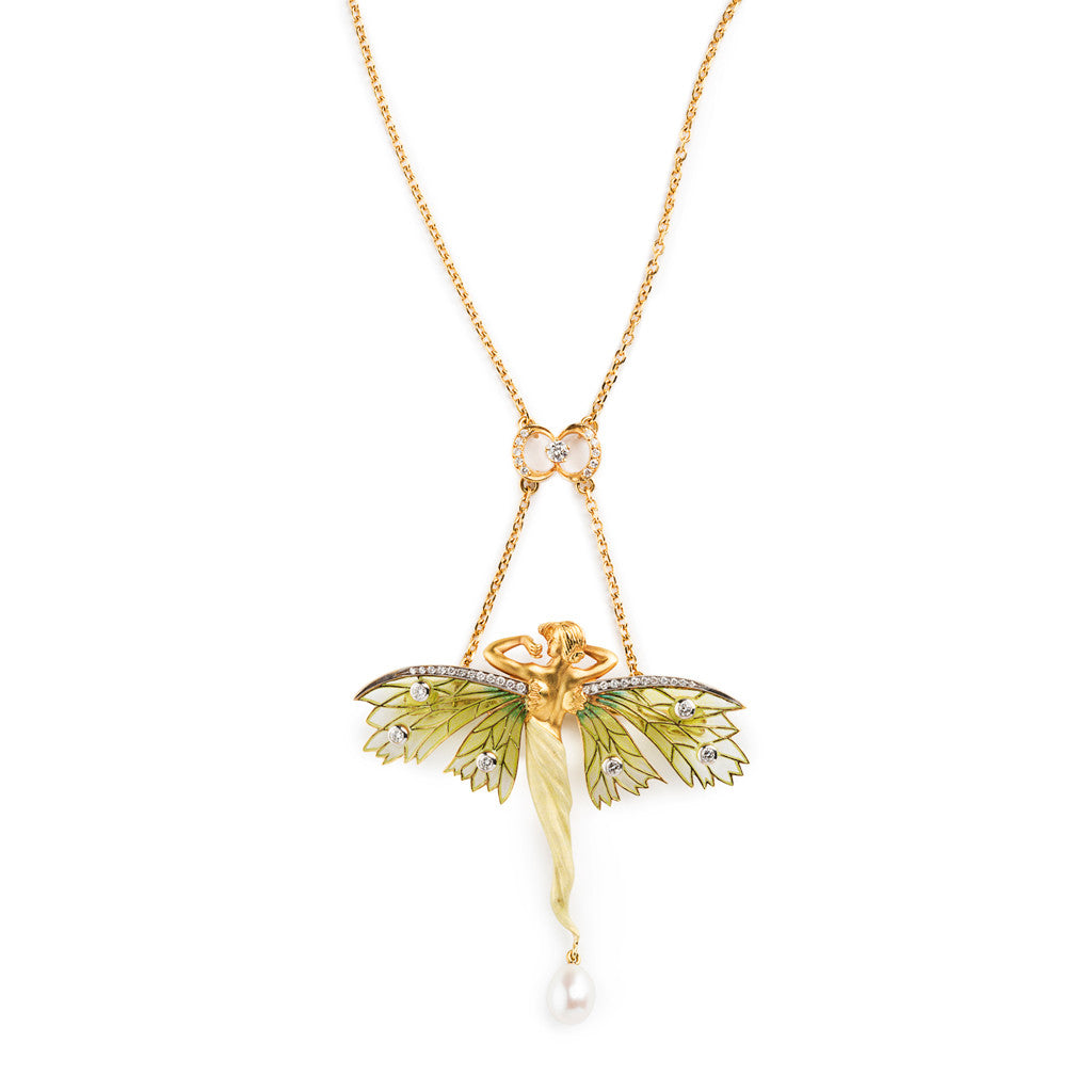 Masriera Green Enamel Fairy with Diamond Crescent Necklace