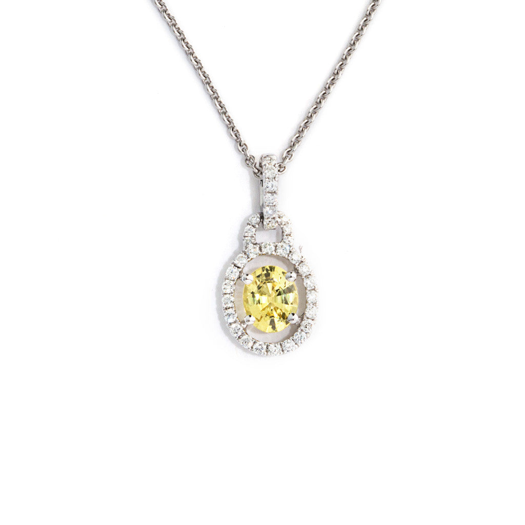 Bright Yellow Natural Sapphire Pendant with Diamond Accents. 