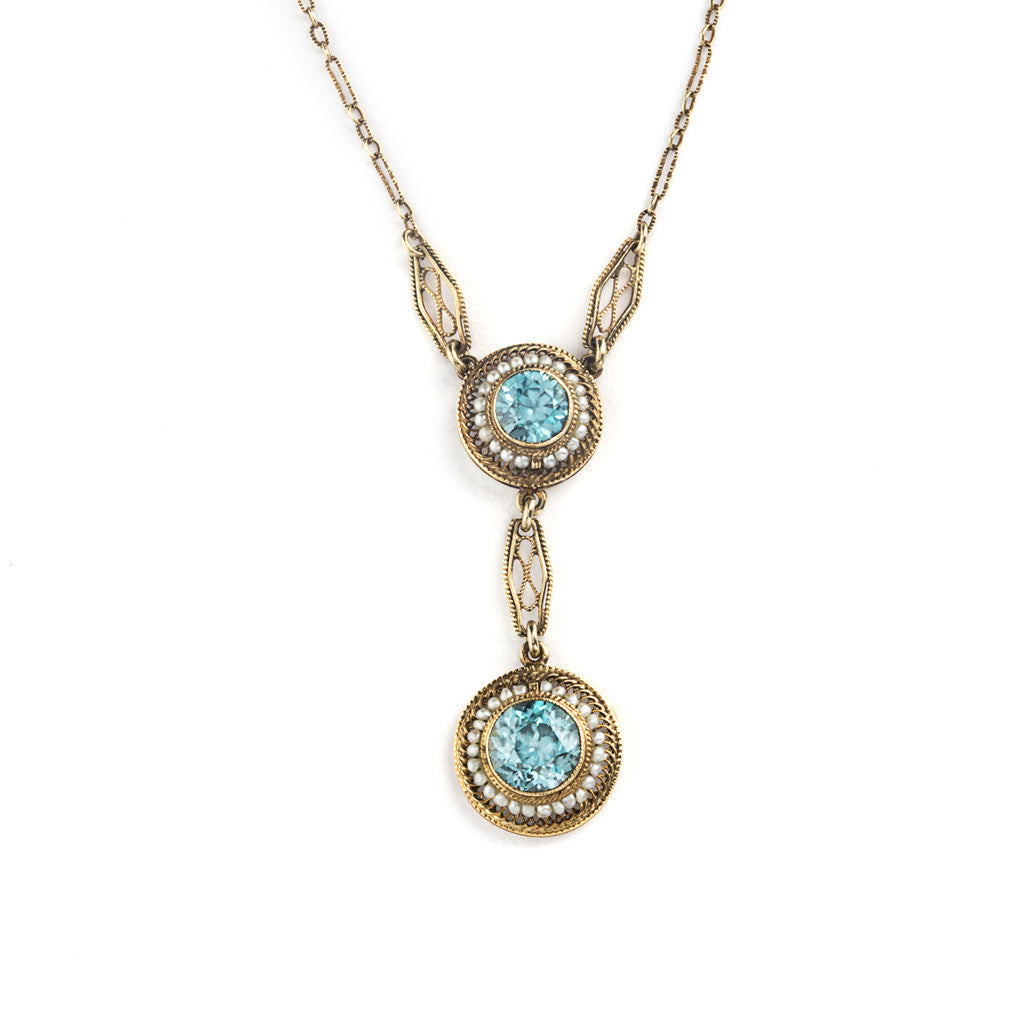 Antique Blue Zircon and Seed Pearl Necklace