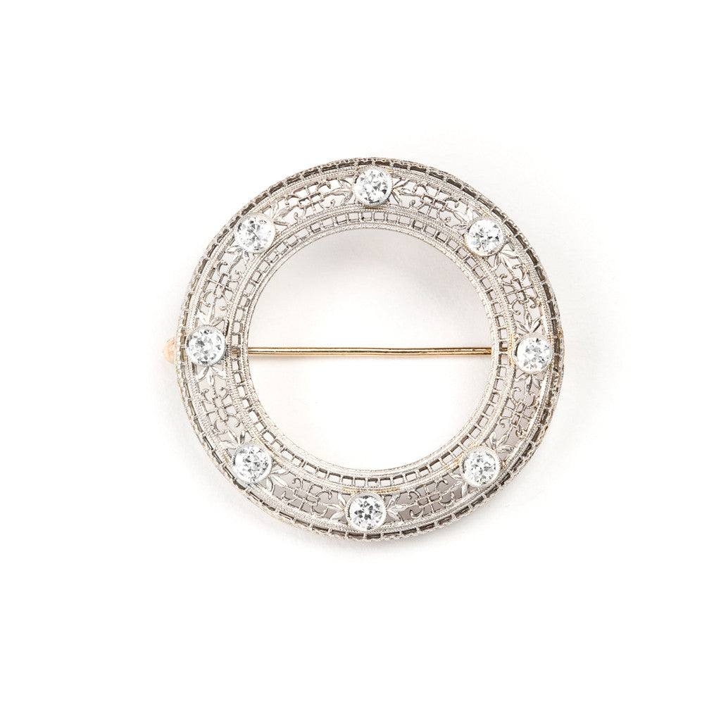 Antique Filigree and Diamond Circle Pin