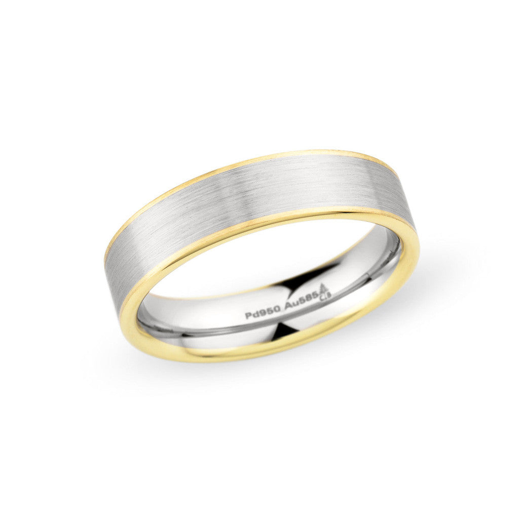 Classic Wedding Ring of Burnished  White Gold and Yellow Gold Rails
