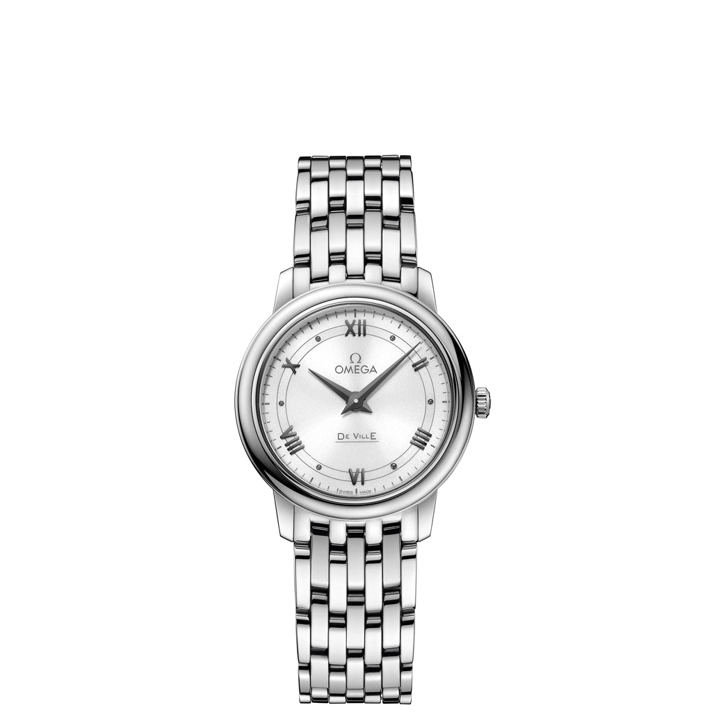 OMEGA De Ville Prestige Quartz Watch with White Dial and Roman Numerals. 