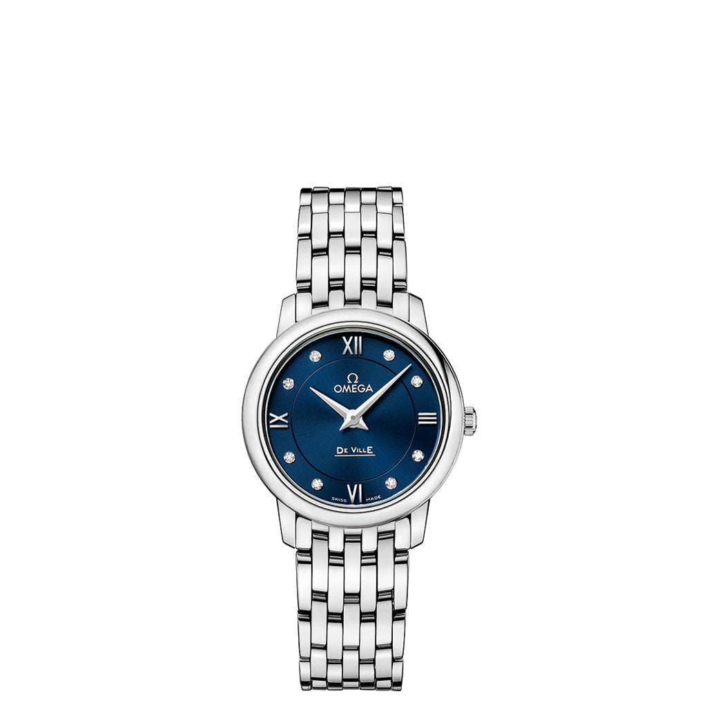 Omega De Ville Prestige Watch with Blue Dial and Diamond Accents. 
