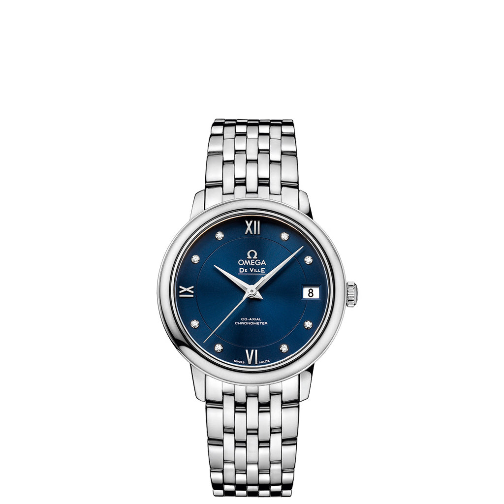 OMEGA De Ville Prestige Co-Axial Watch in Stainless steel with sun-brushed blue dial with diamond accents. 