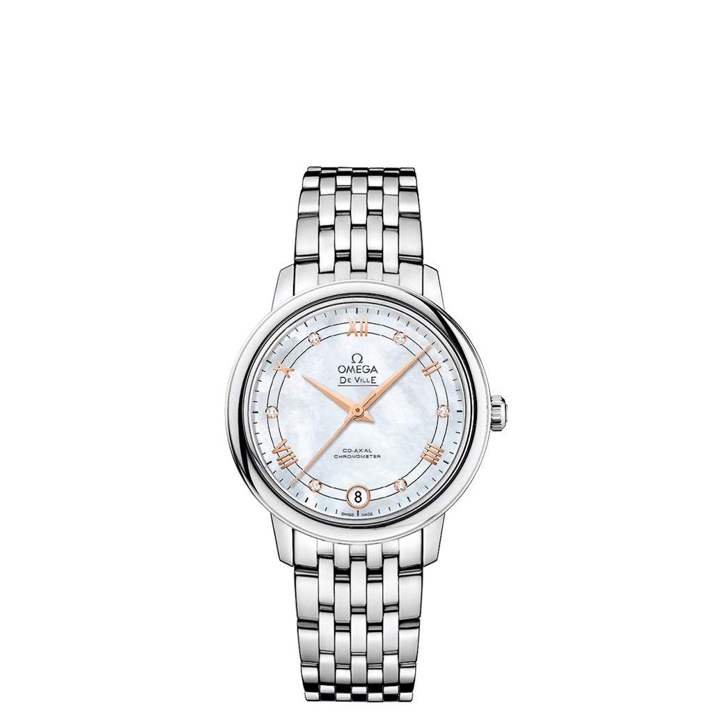 De Ville Prestige Co-Axial Wrist Watch in stainless steel case with red gold accents and white mother-of-pearl dial. 
