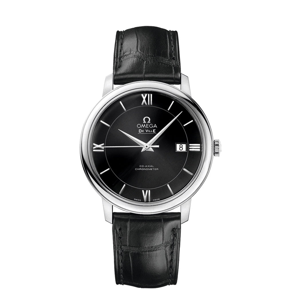 Omega De Ville Prestige wrist watch with stainless steel case and black two-zone dial. 