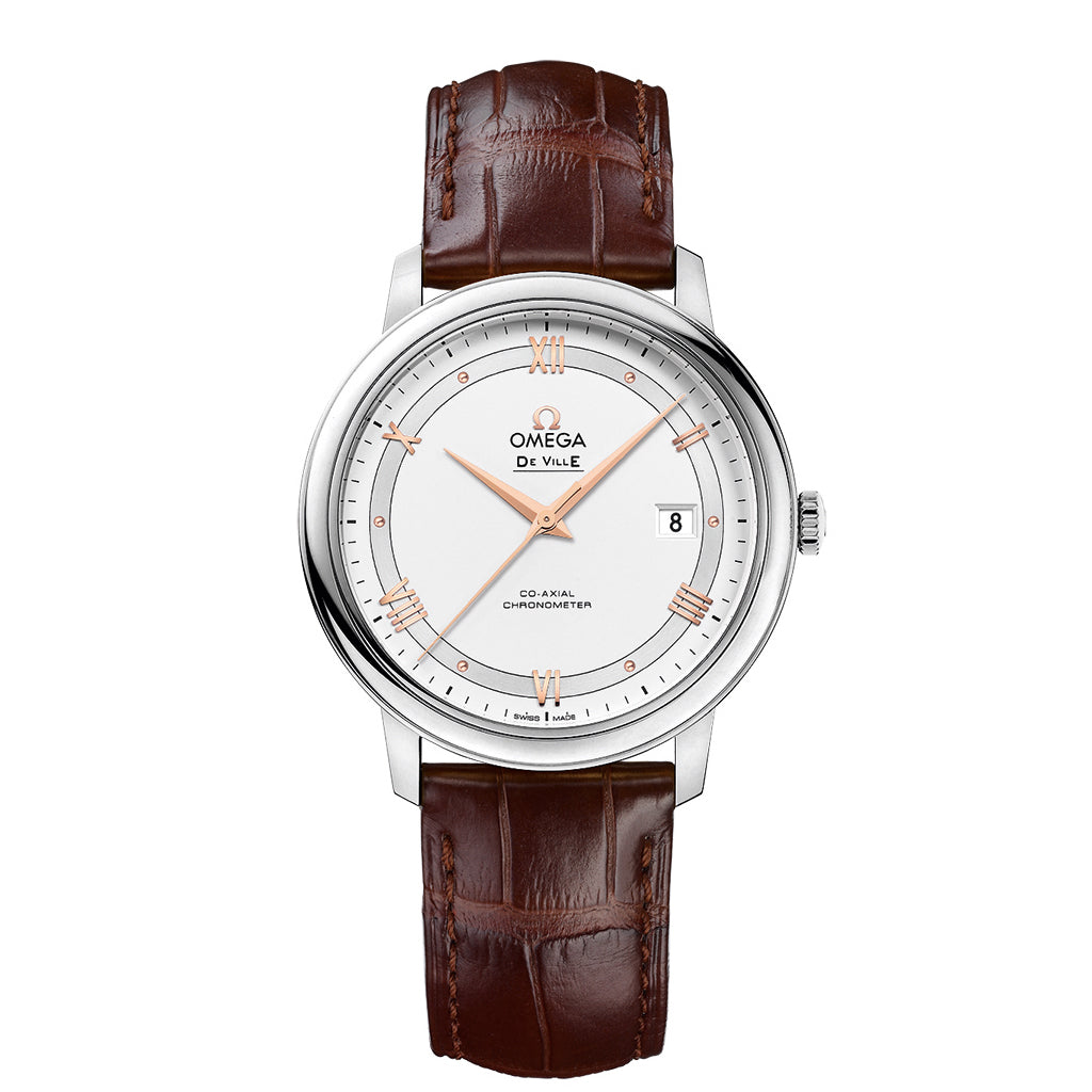 OMEGA De Ville Prestige Watch with stainless steel case and sun-brushed silvery opaline dial with red gold-colored Roman numeral hour markers and polished cabochons.