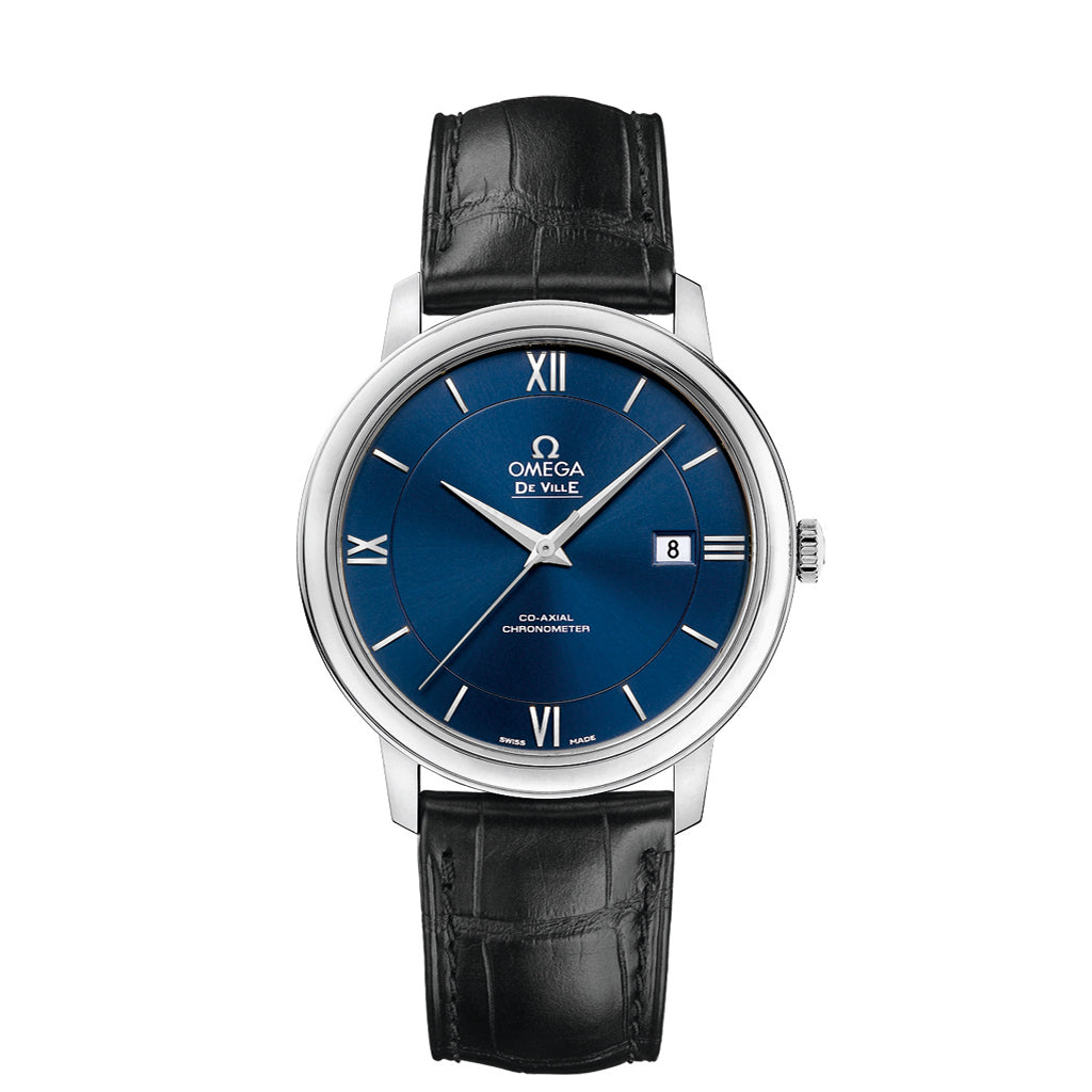 OMEGA De Ville Prestige Co-Axial Wrist Watch with Stainless Steel case and sun-brushed blue dial on a black leatehr strap. 