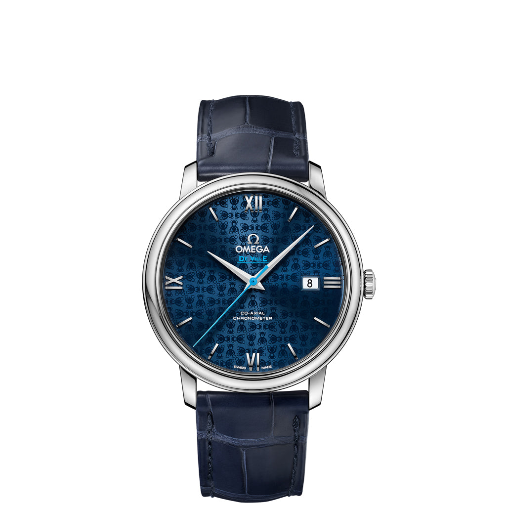 De Ville Prestige Co-Axial Orbis Watch with 39.5 mm stainless steel case and a sun-brushed and lacquered blue dial featuring a subtle OMEGA teddy bear pattern. 