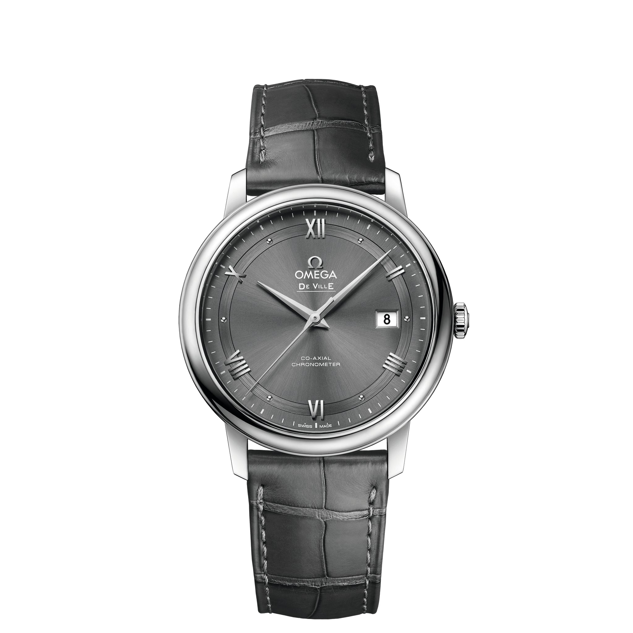 De Ville Prestige Co-Axial Watch with Stainless Steel Case and grey dial presented on a grey leatehr strap. 