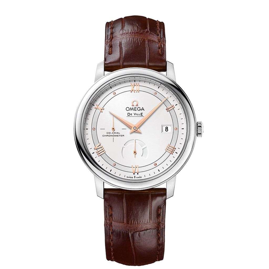 De Ville Prestige Co-Axial Power Reserve Watch sun-brushed silvery opaline dial with red gold-colored Roman numeral hour markers and polished cabochons