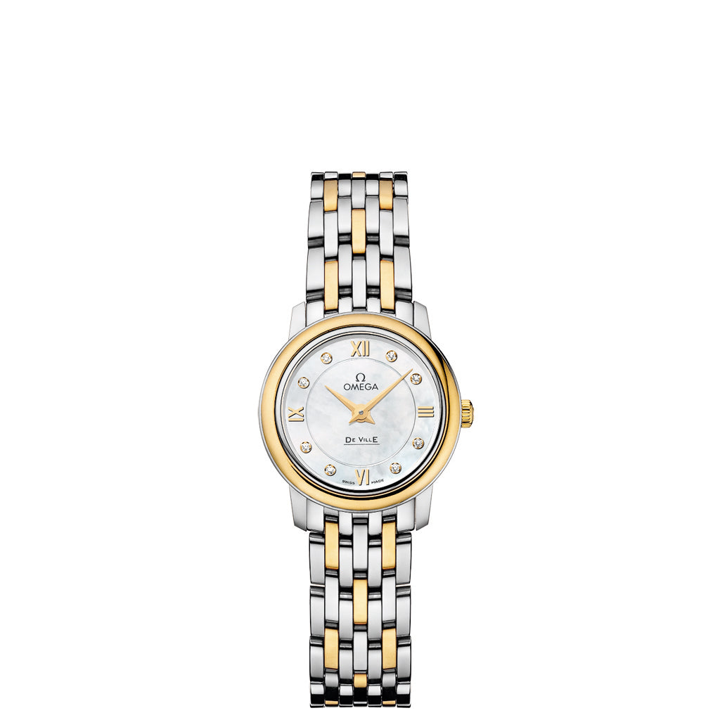 OMEGA De Ville Prestige Ladies two-zone watch with white mother-of-pearl dial.