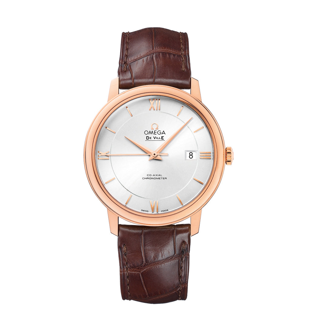 De Ville Prestige Co-Axial Watch in 18k Red Gold with two-zone silver dial and brown leather strap.