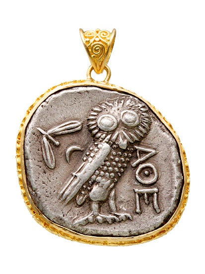 Athenian Owl coin pendant with 18k yellow gold bezel and bail. 