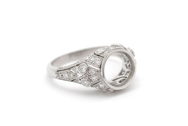 'Margaux'  platinum and diamond filigree semi-mount engagement ring. 