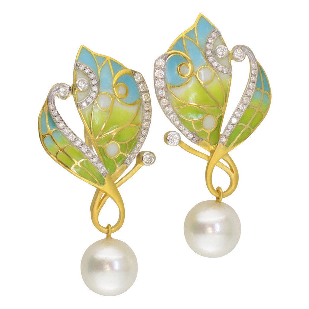 'Ocean Queen' South Sea Pearl and Enamel Diamond Earrings by Masriera