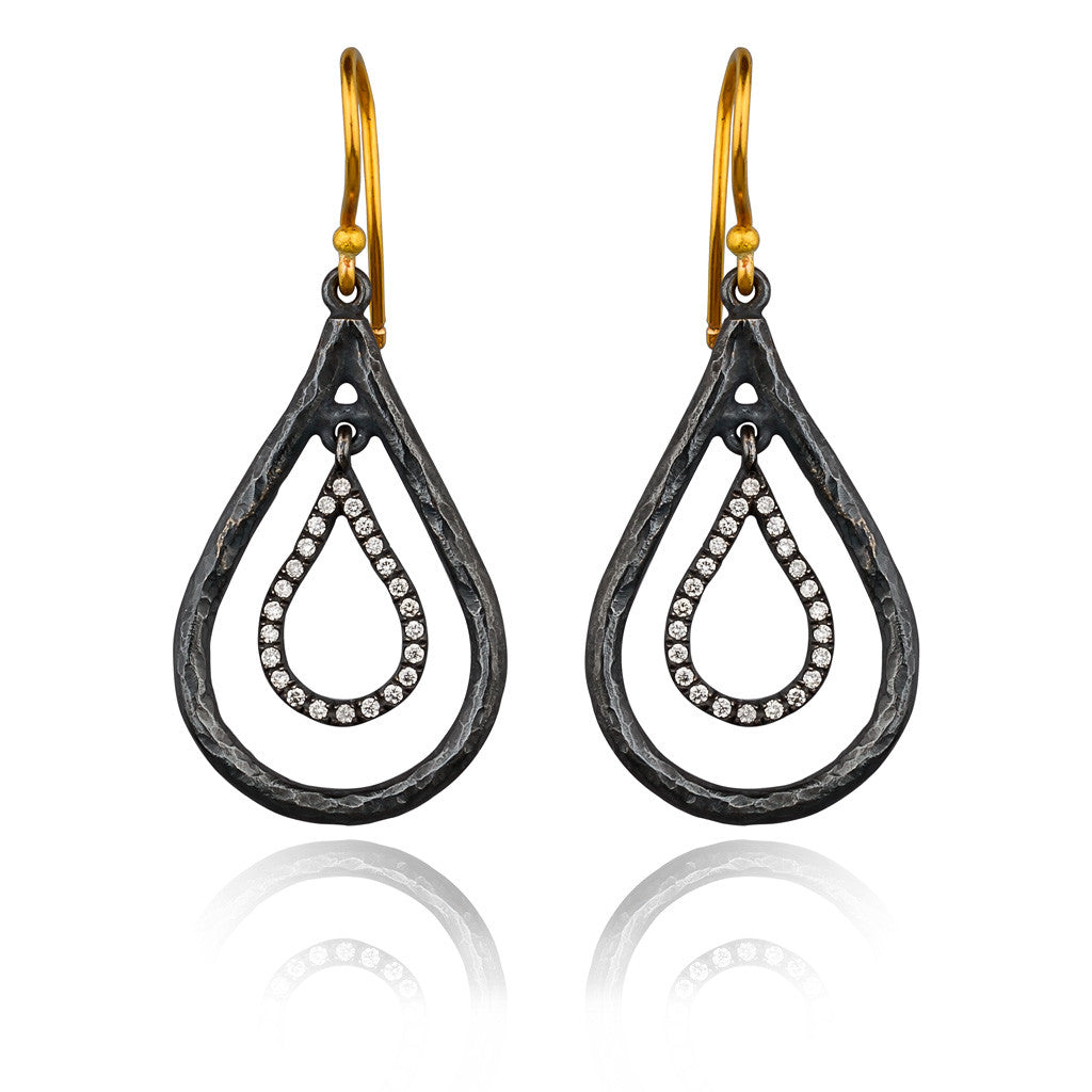  Teardrop Diamond and Silver Earrings with 24k Gold