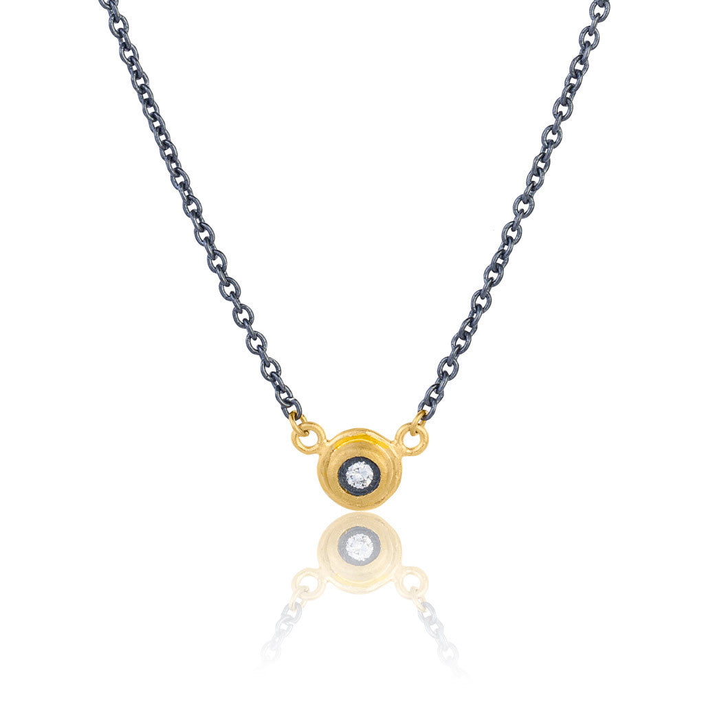 Diamond Solitaire Pendant in 24k Gold and Oxidized Silver