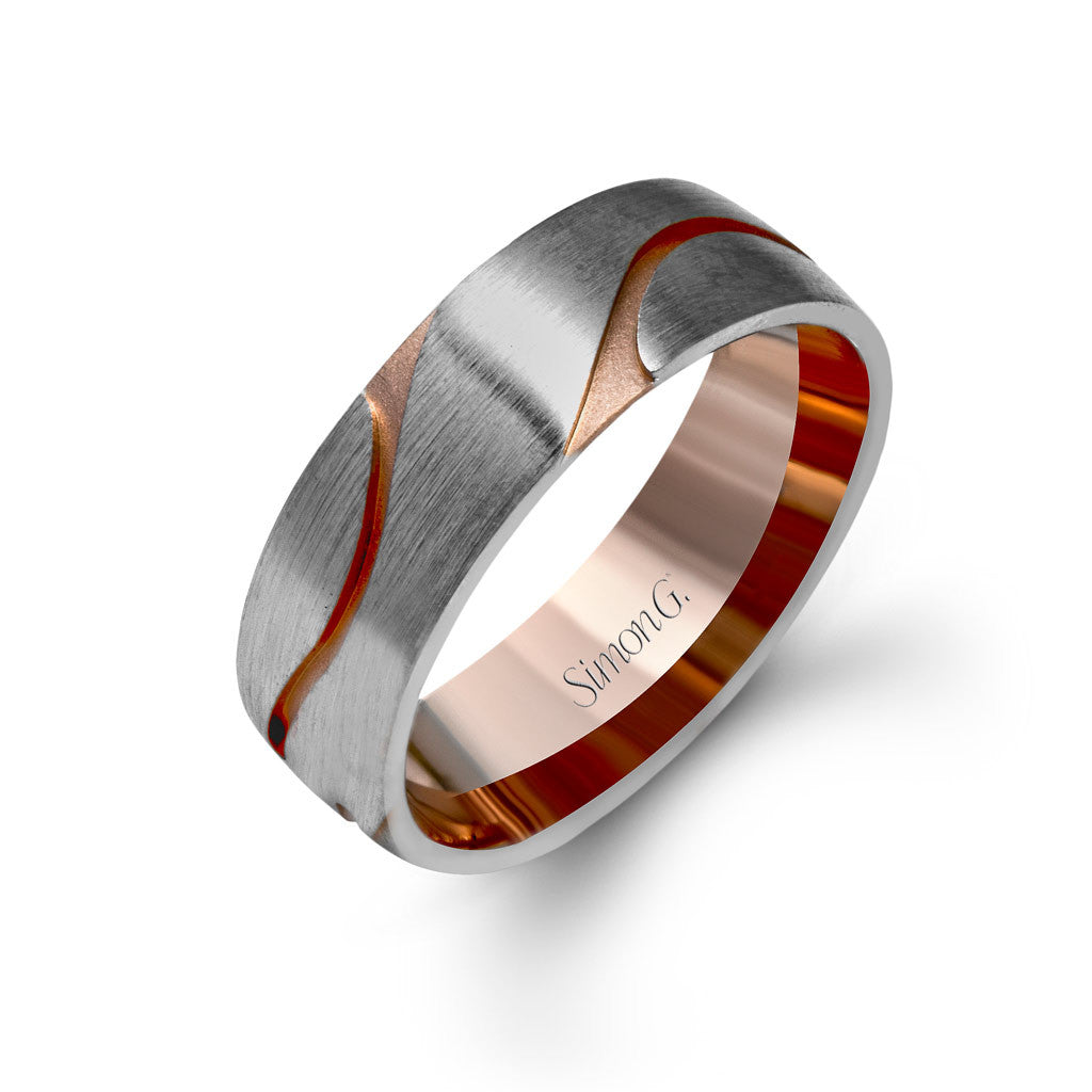 Contemporary men's wedding band in white gold with rose gold organic detail.