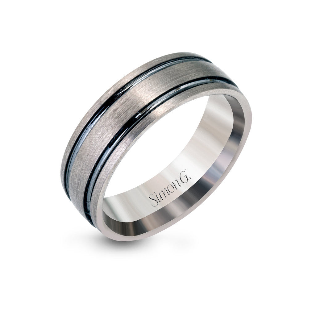  Contemporary gray gold men's band features twin rows of grooved accents