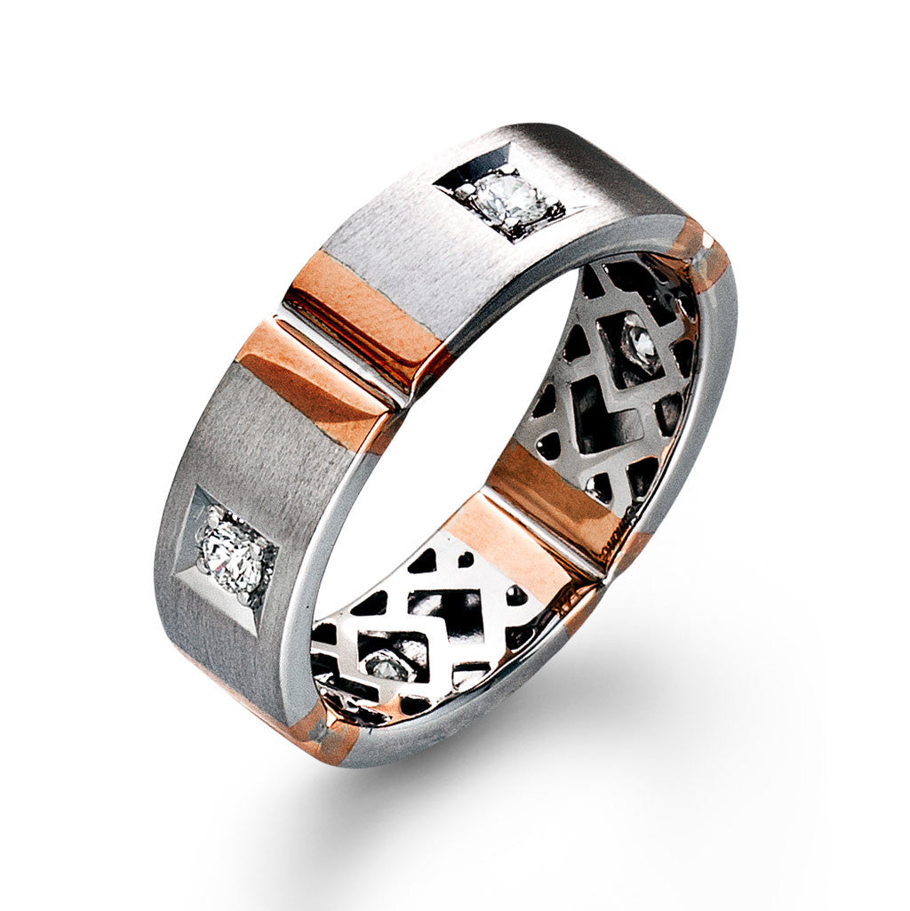 Contemporary wedding ring with rose gold and diamond detail
