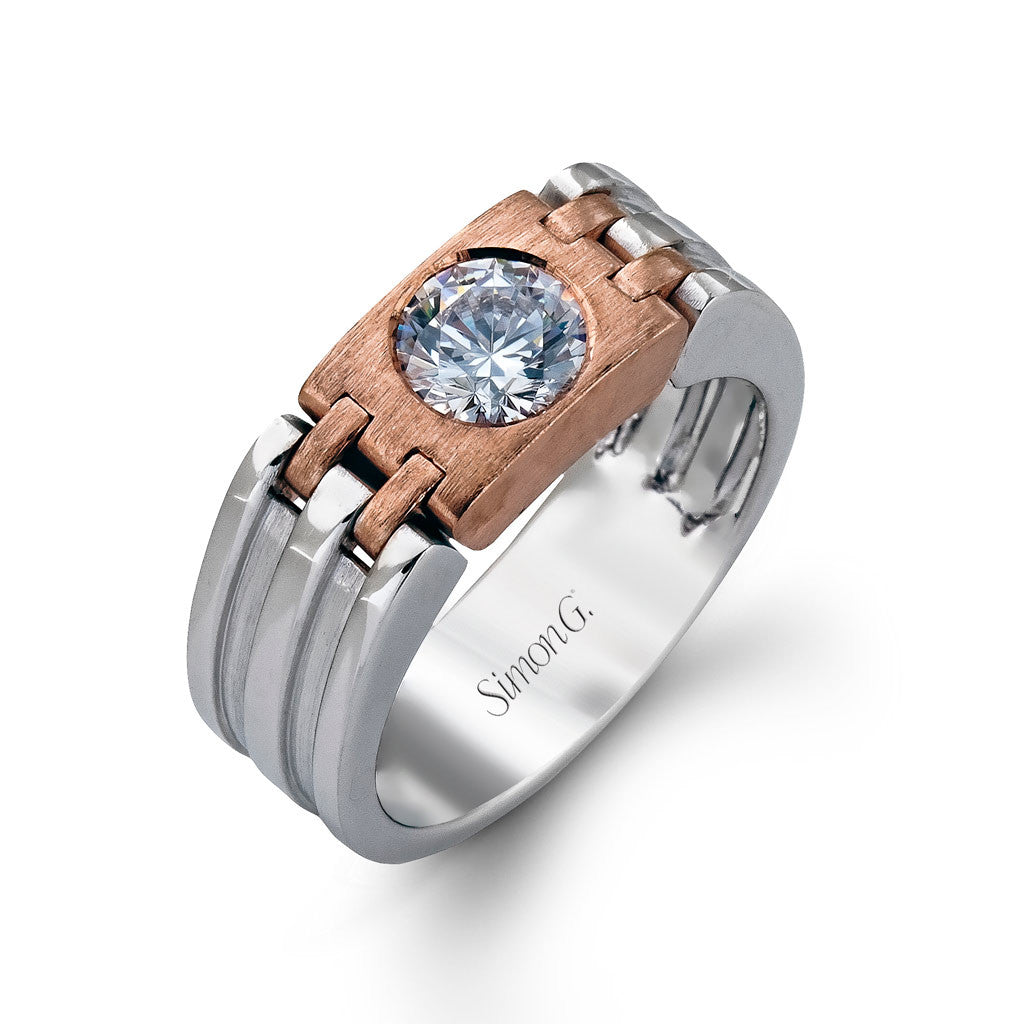 Contemporary Men's diamond wedding band in white and rose gold. 