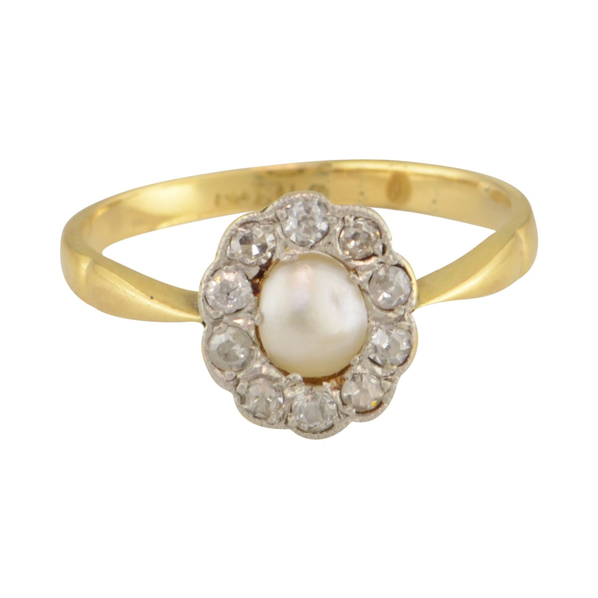 'Helena' Victorian pearl and diamond halo ring.