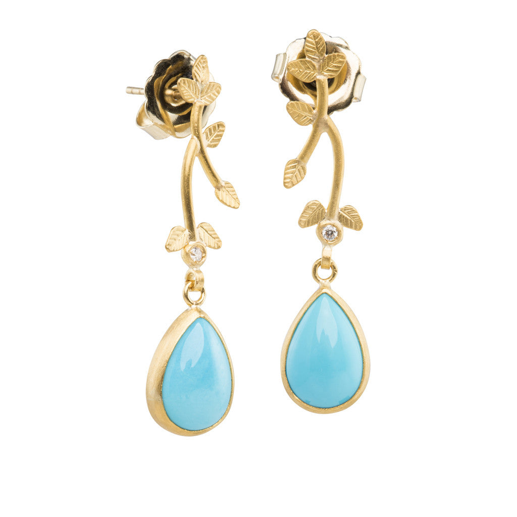 Turquoise and Yellow Gold Olive Branch Earrings by Lika Behar