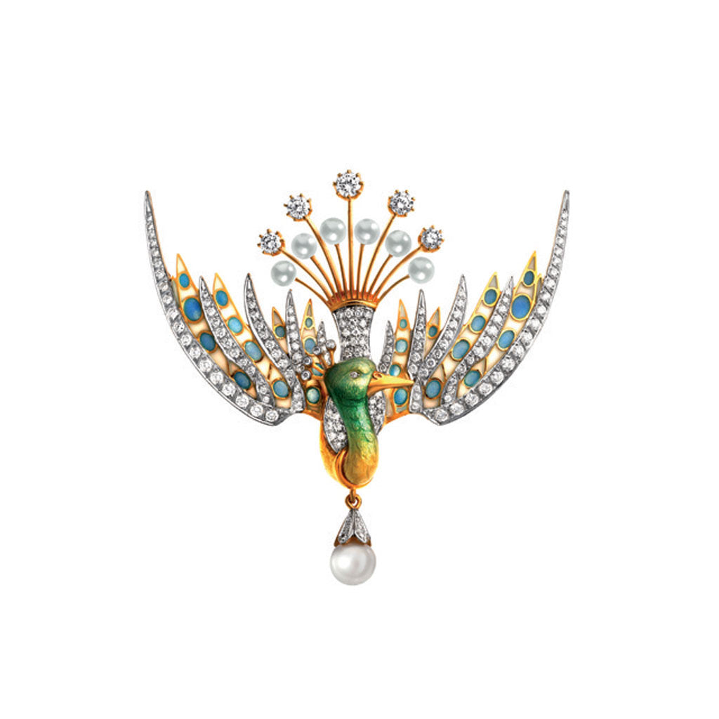 Dramatic Diamond and Pearl Peacock brooch by Masriera