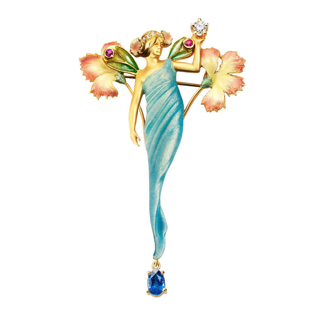 Enamel Fairy with flower crown and sapphire drop by Masriera