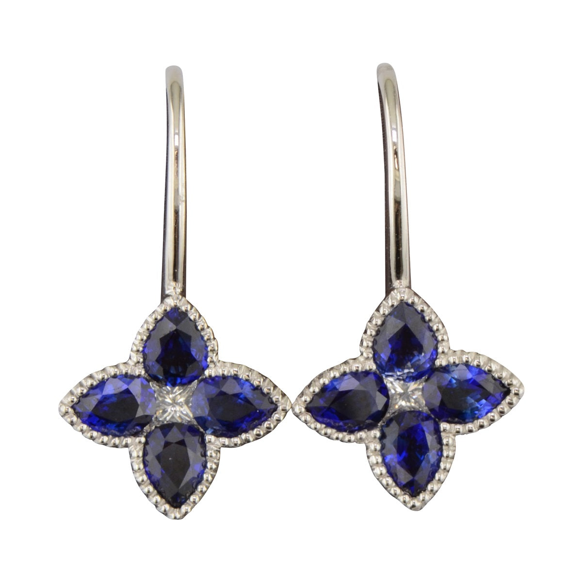 Sapphire quatrafoil earrings "Starry Night" in 18k white gold