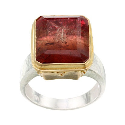 Watermelon Tourmaline Statement ring in 18k yellow gold and sterling silver. 