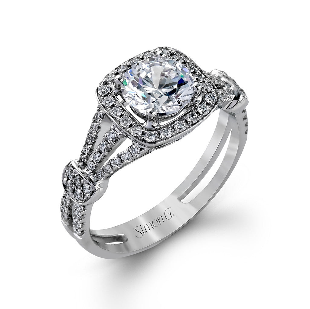 Tripple Shank Diamond Halo Engagement Ring 