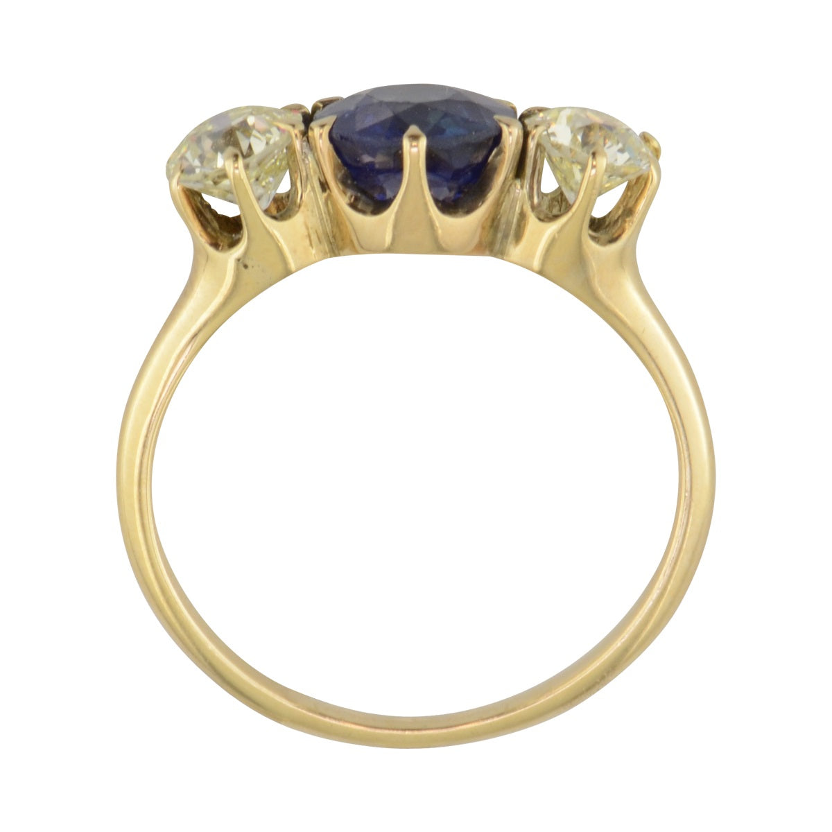 Tryon Creek Antique three stone engagement ring with sapphire and diamond.