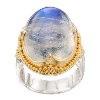 "Gede" blue moonstone ring in 22k yellow gold and sterling silver. 